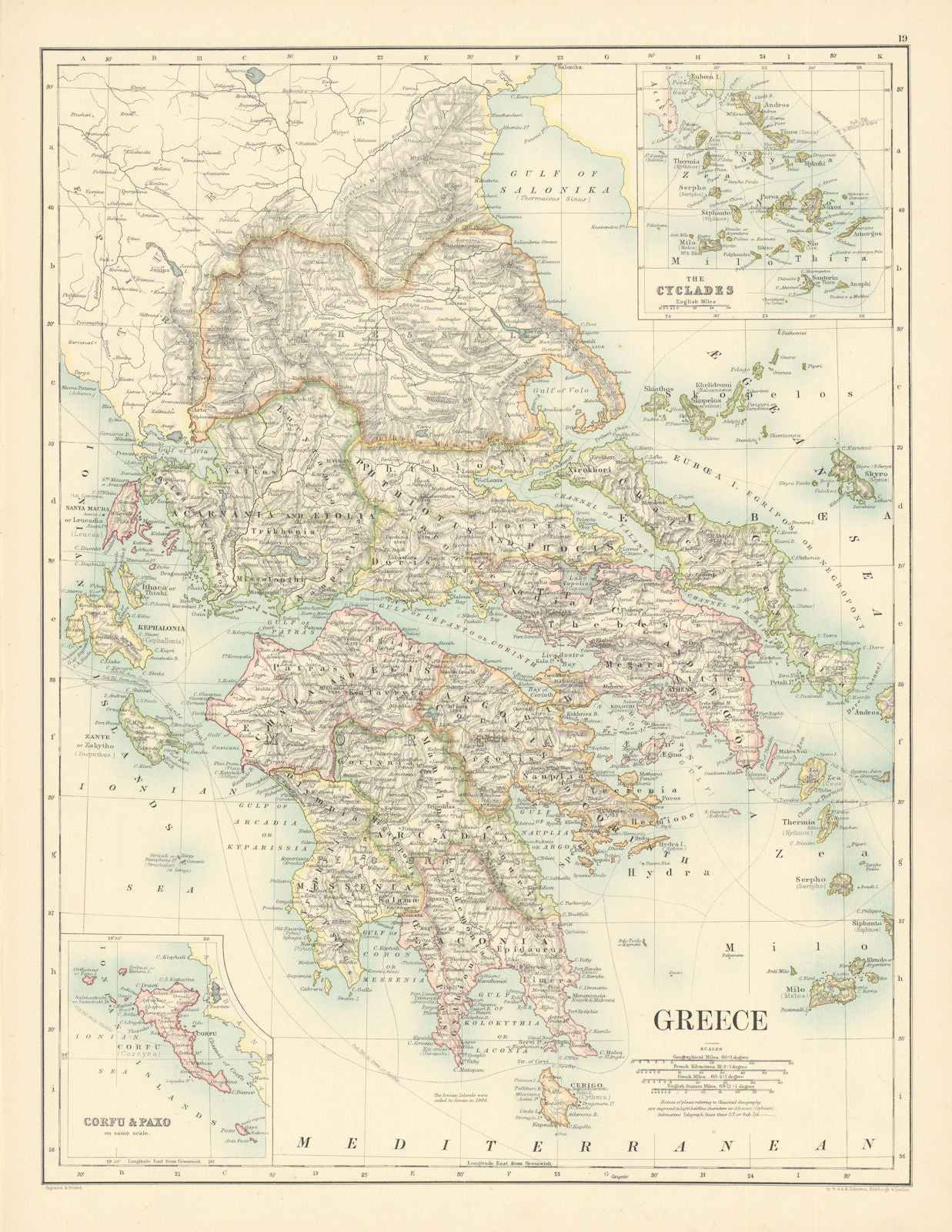 Greece by W. & A.K. Johnston 1887 old antique vintage map plan chart